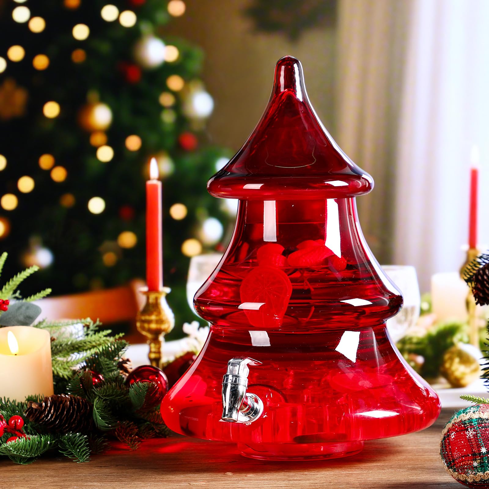 Potchen dispensador con grifo de cristal rojo para servir sin goteos.
