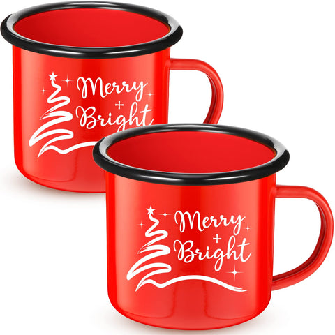 Potchen dos tazas esmaltadas rojas con motivos navideños, ideales para compartir.