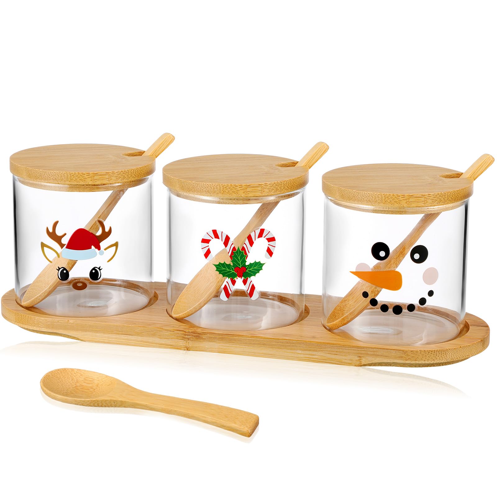 Potchen jarras de vidrio con tapas de bambú y cucharas, ideales para bar navideño.