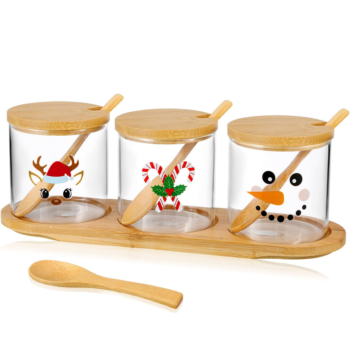 Potchen jarras de vidrio con tapas de bambú y cucharas, ideales para bar navideño.