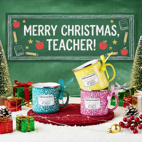 Potchen taza esmaltada 12oz, detalle del motivo libro de composición, toque decorativo.
