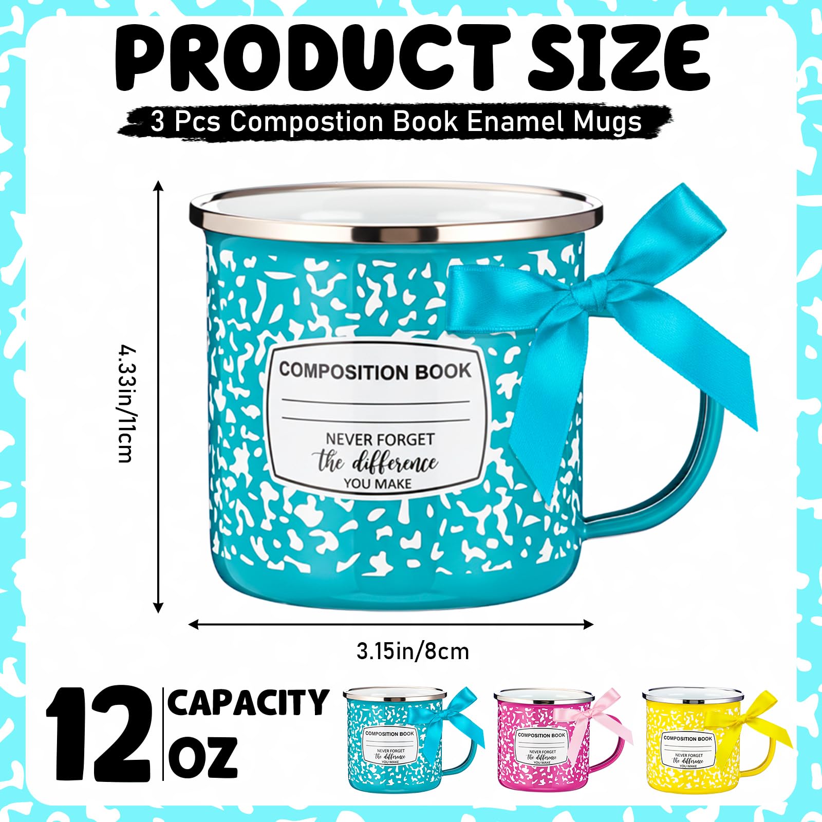 Potchen taza esmaltada 12oz azul con diseño libro de composición, útil para café diario.