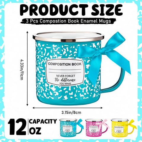 Potchen taza esmaltada 12oz azul con diseño libro de composición, útil para café diario.