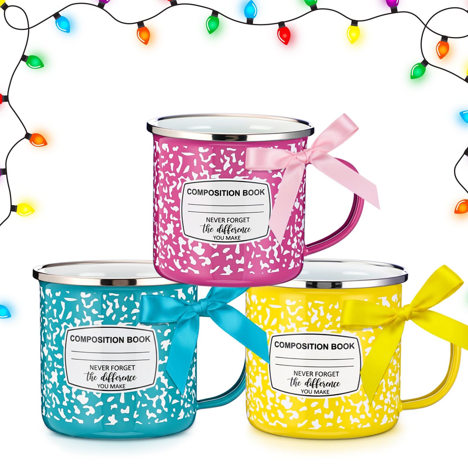 Potchen taza esmaltada 12oz rosa con diseño libro de composición, ideal para docentes.