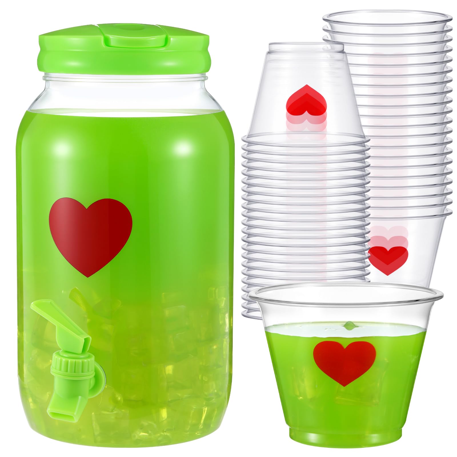Potchen vasos plásticos con corazones rojos, perfectos para brindis festivos.