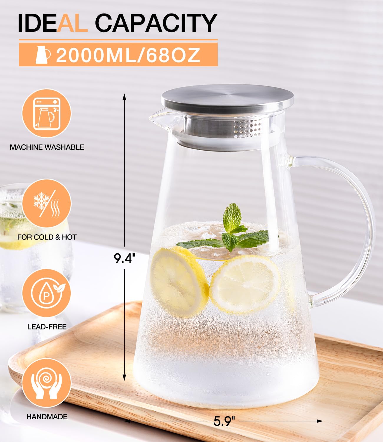 Potdoctor jarra de vidrio cristal transparente para bebidas frías y calientes.