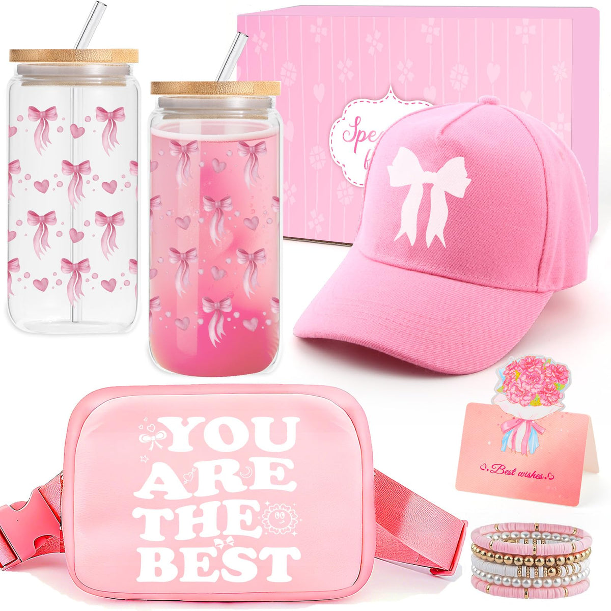 Vaso de vidrio con lazo rosa de Pounira, ideal para bebidas diarias
