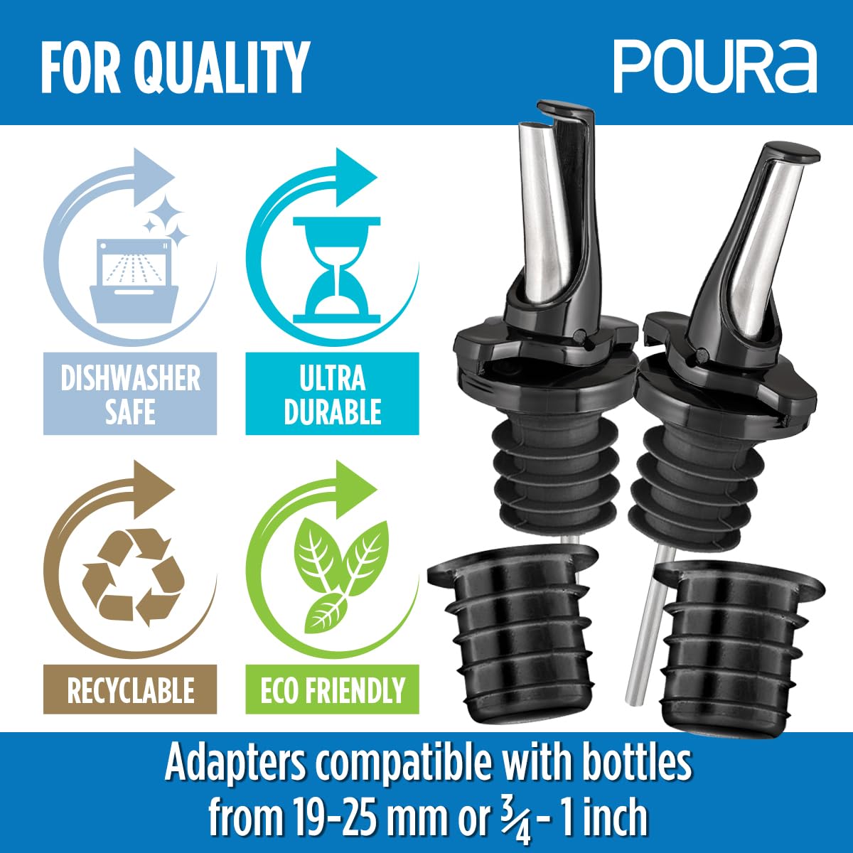Poura con 6 adaptadores para botellas grandes, ajuste seguro.