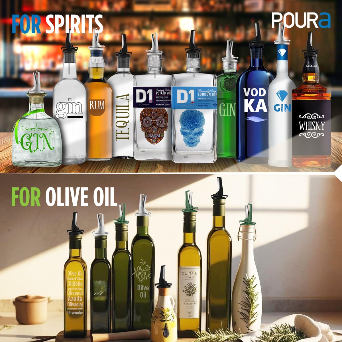 Poura tapones para aceite de oliva, uso versátil en cocina.