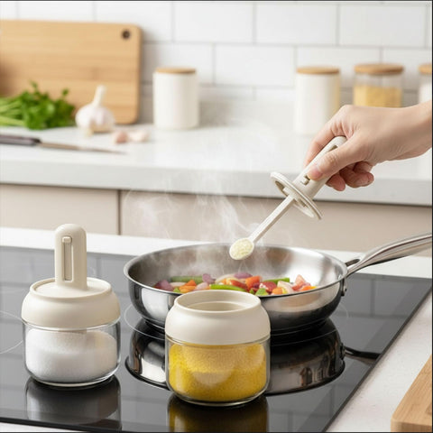 Cuchara retráctil integrada en la tapa de Povinmos para servicio limpio