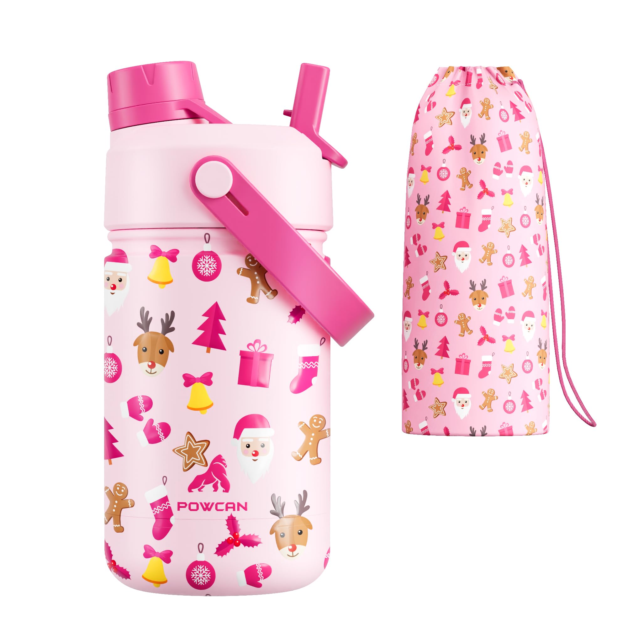 Botella POWCAN 12 oz con motivos navideños para niñas, ideal para hidratar durante las fiestas.