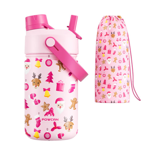Botella POWCAN 12 oz con motivos navideños para niñas, ideal para hidratar durante las fiestas.