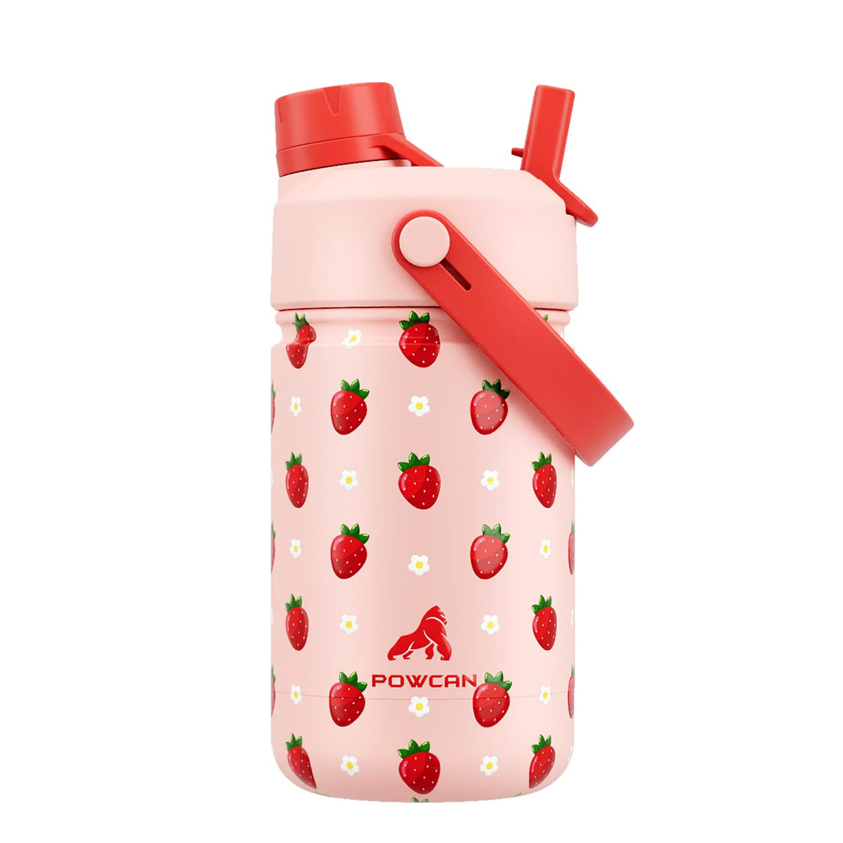 PowCan botella infantil con diseño fresa y Daisy, ideal para hidratar durante la escuela.