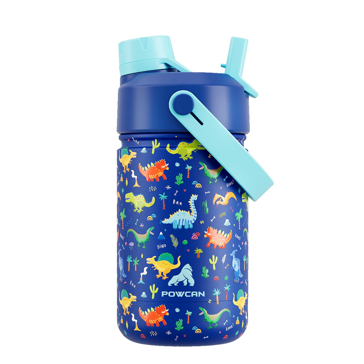 Botella POWCAN para niños con dinosaurio azul, ideal para mantener hidratación al aire libre.