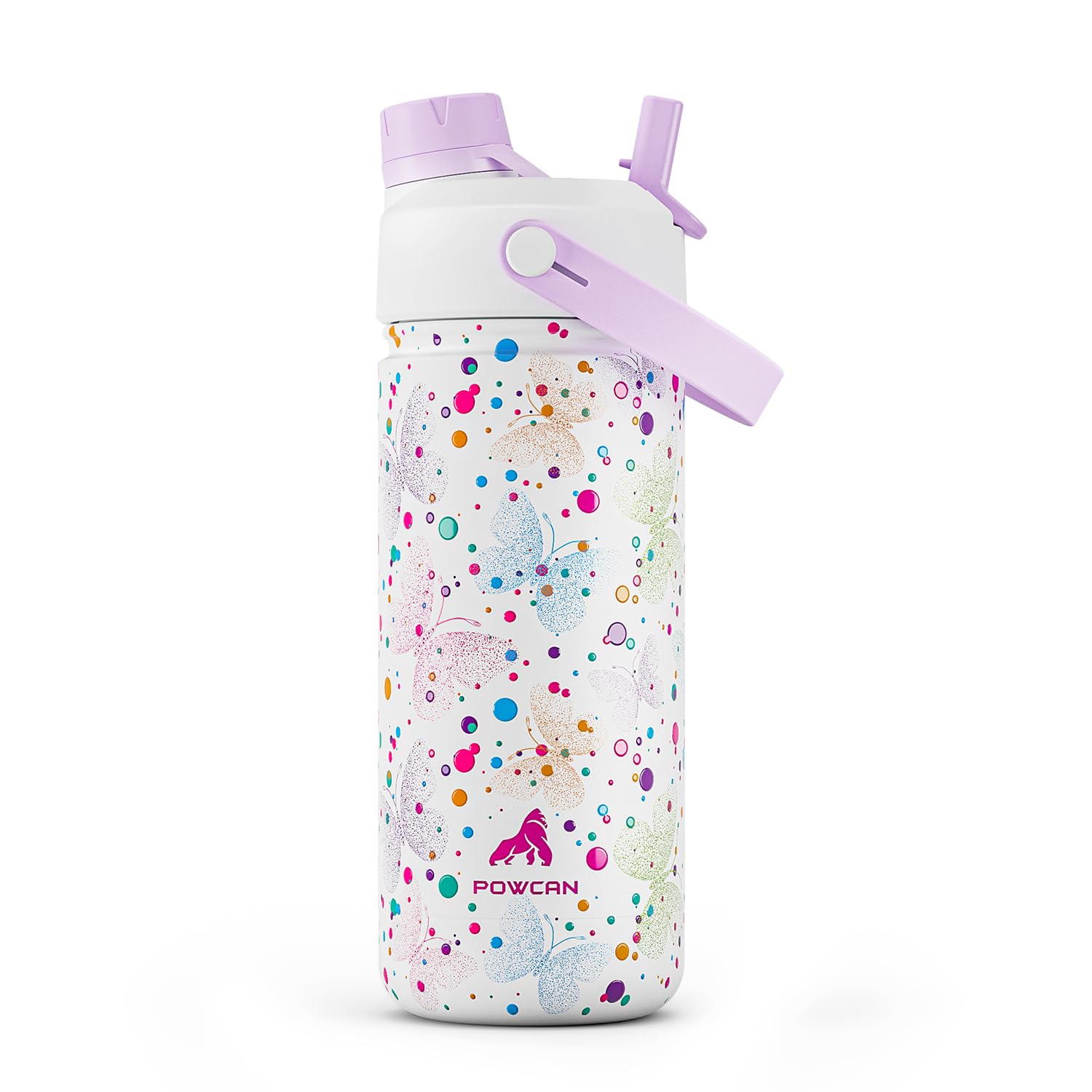 Powcan botella infantil, mariposa punteada blanca, ideal para meriendas y excursiones escolares.