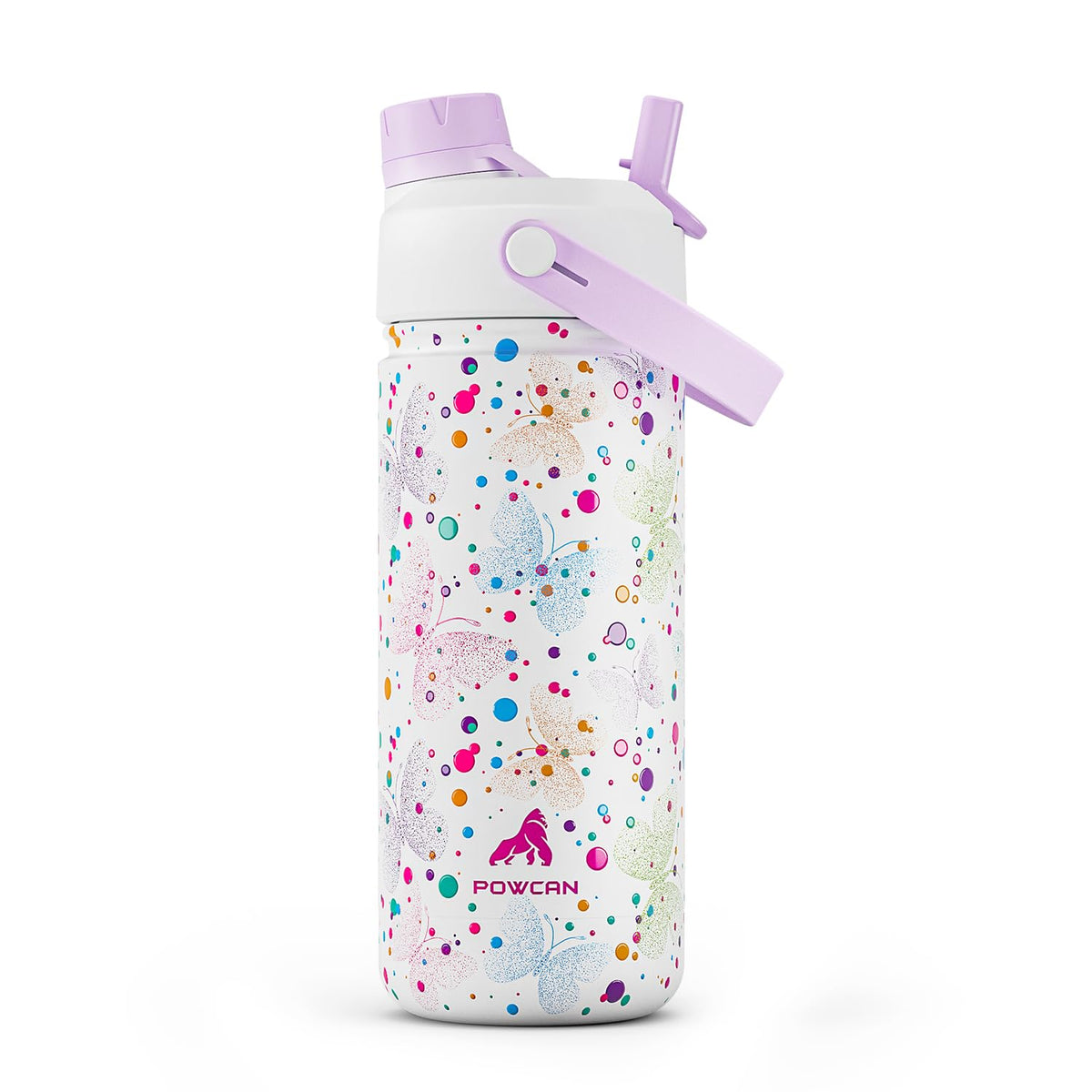 Powcan botella infantil, mariposa punteada blanca, ideal para meriendas y excursiones escolares.