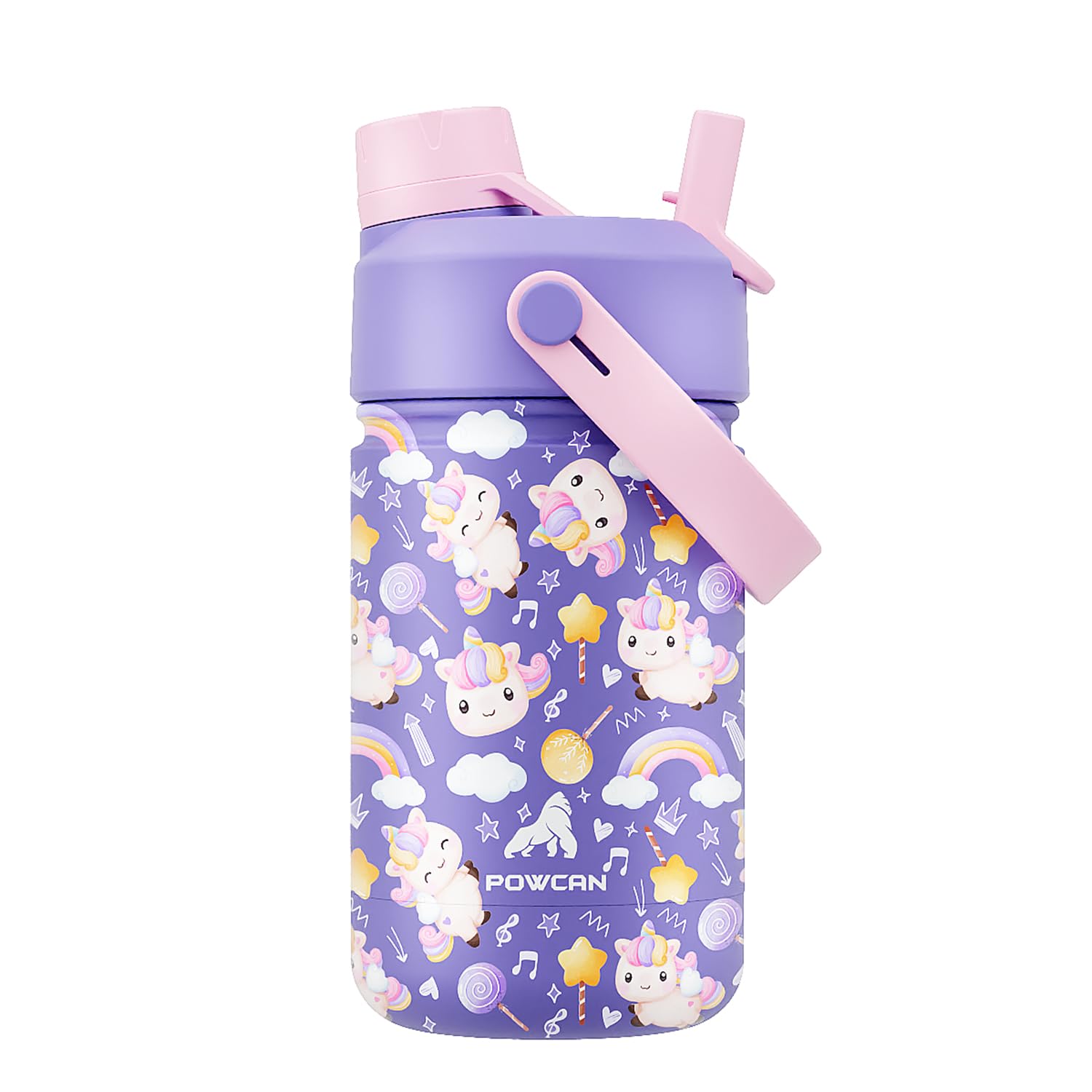 Botella POWCAN Unicorn Jam frente, ideal para mochila y uso diario