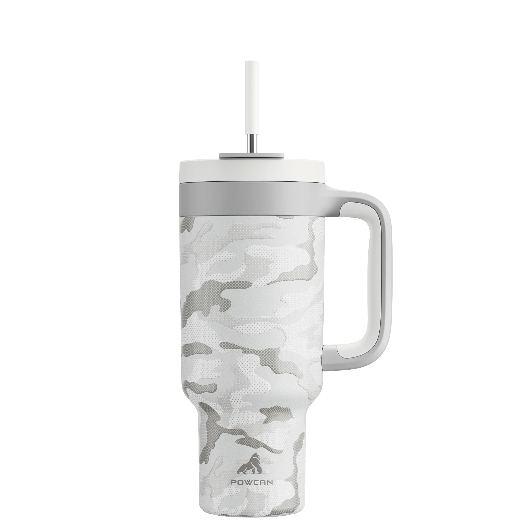POWCAN termo 40 oz camo con manija, agarre seguro para aventuras al aire libre.