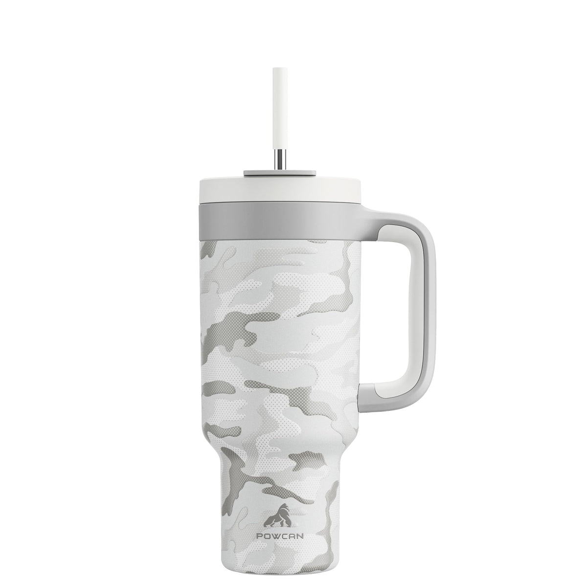 POWCAN termo 40 oz camo con manija, agarre seguro para aventuras al aire libre.