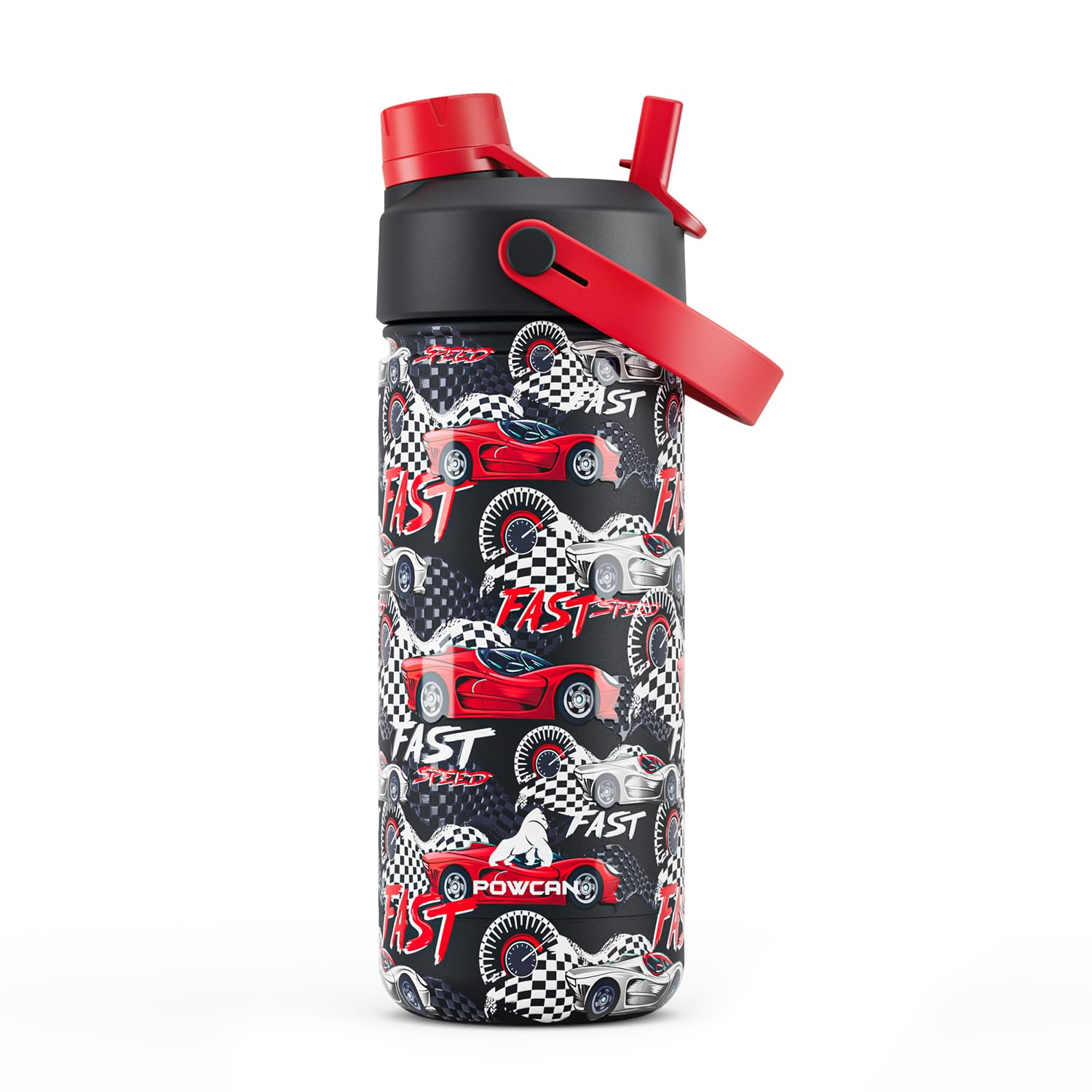 Powcan Turbo Racer, botella 18oz, vista frontal con diseño dinámico para niños en movimiento.