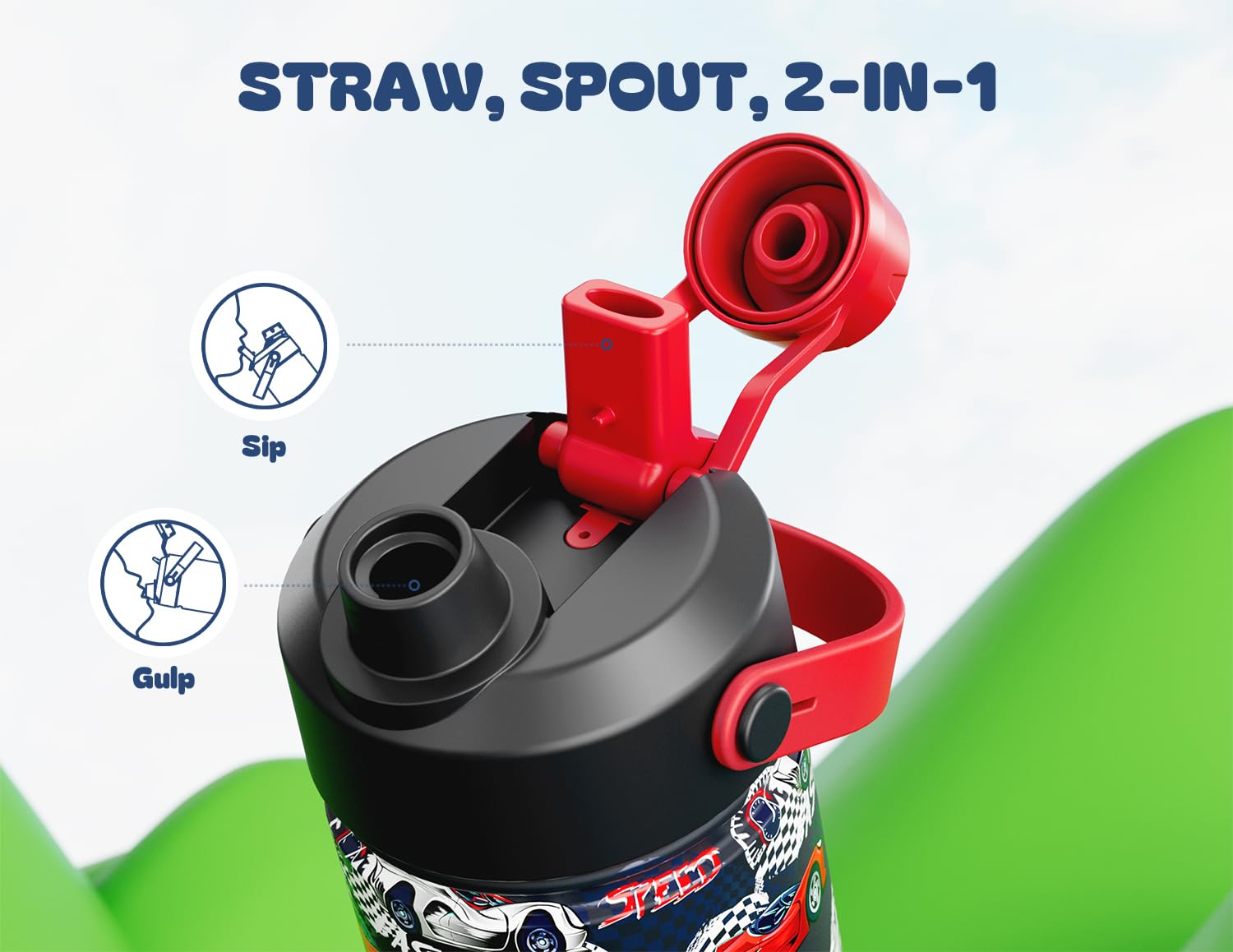 Powcan Turbo Racer, botella cabe en portavasos y bolsillos de mochila para salidas escolares.