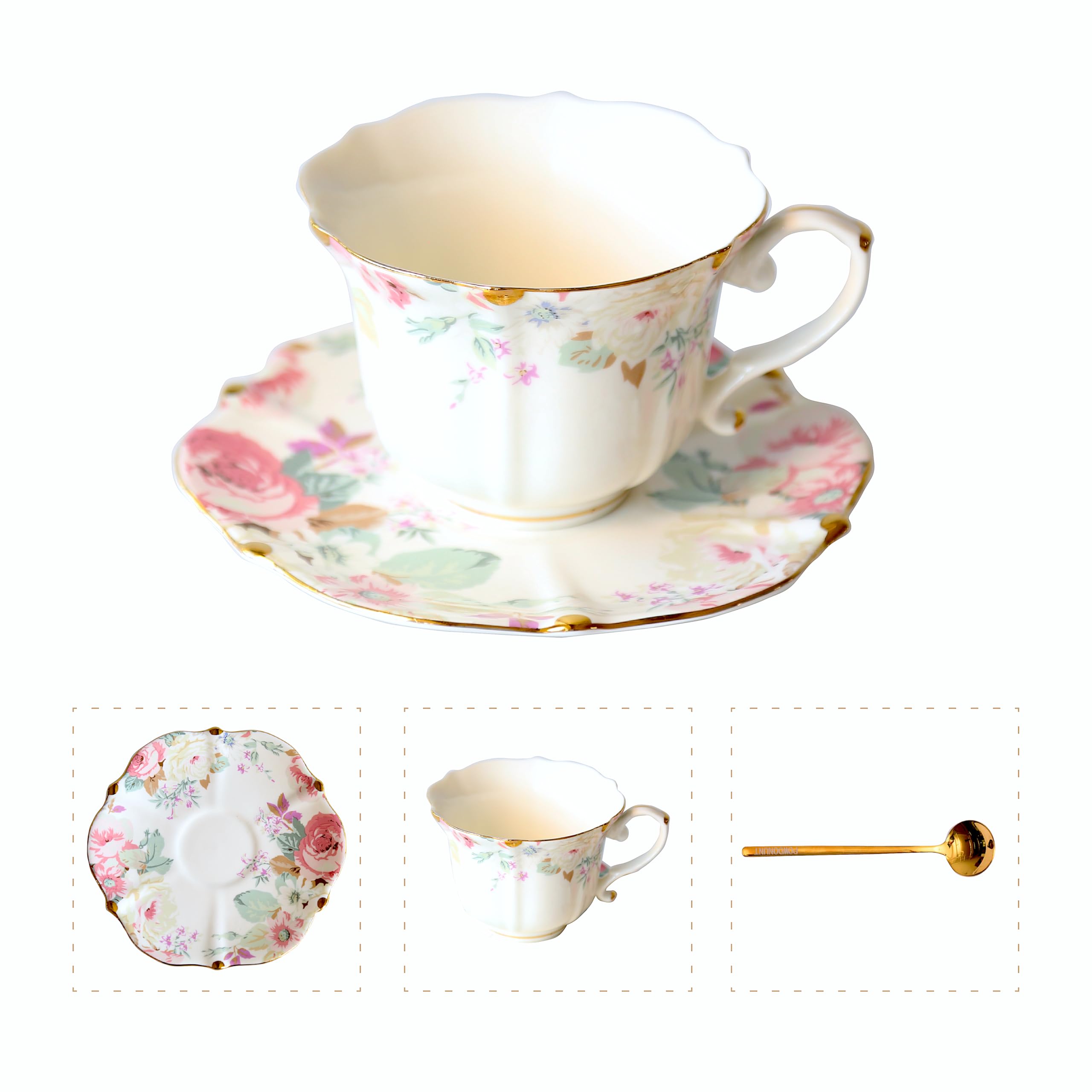 POWDONUNT Taza de té con borde dorado en rosa, ideal para momentos elegantes