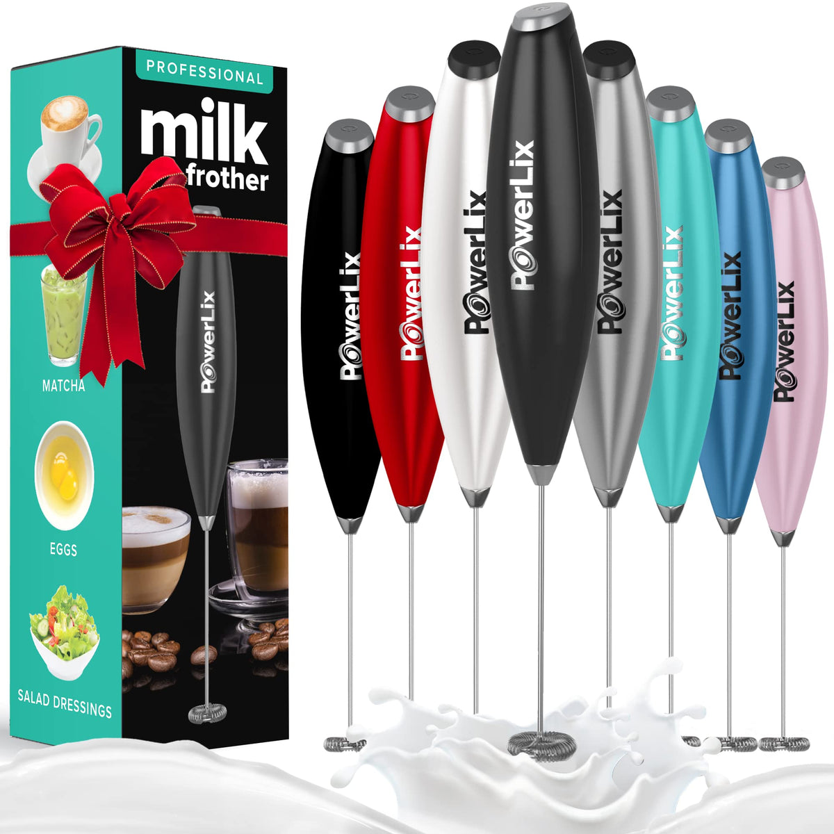 PowerLix batidora de leche manual con soporte para almacenamiento cómodo.