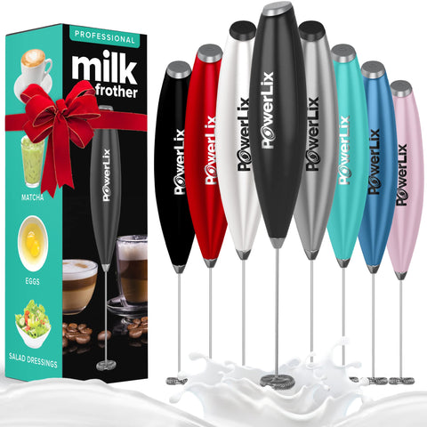 PowerLix batidora de leche manual con soporte para almacenamiento cómodo.