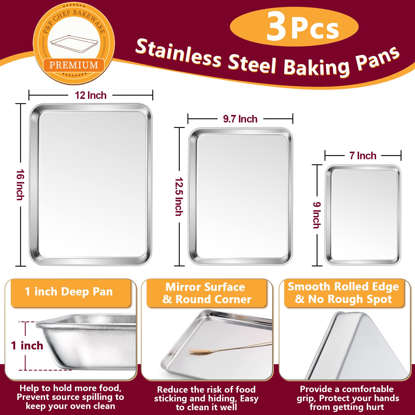 P&P CHEF bandeja hornear 12,5x9,7 pulgadas para porciones y densidad de horneado
