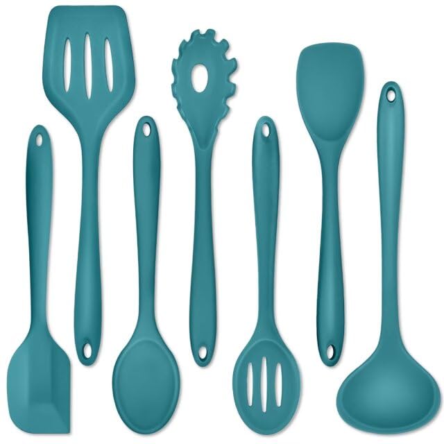 Set de utensilios de silicona P&P CHEF, 7 piezas azules para cocinar sin rayar sartenes antiadherentes.