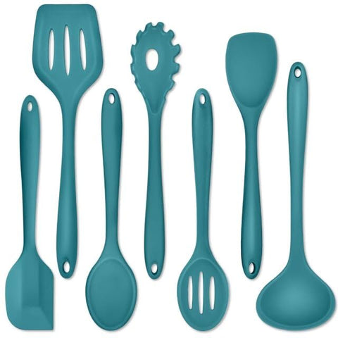 Set de utensilios de silicona P&P CHEF, 7 piezas azules para cocinar sin rayar sartenes antiadherentes.