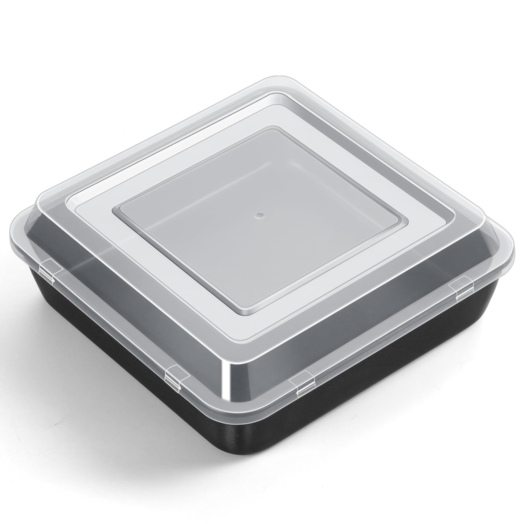 Molde cuadrado P&P CHEF de 8 pulgadas con tapa transparente para almacenamiento cómodo.