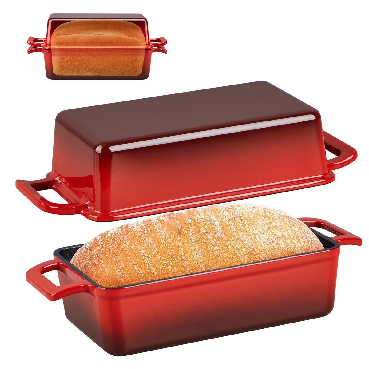 P&P CHEF: molde pan hierro fundido 9x5 con tapa roja, ideal para pan casero.