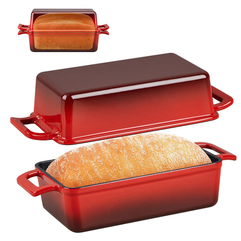 P&P CHEF: molde pan hierro fundido 9x5 con tapa roja, ideal para pan casero.