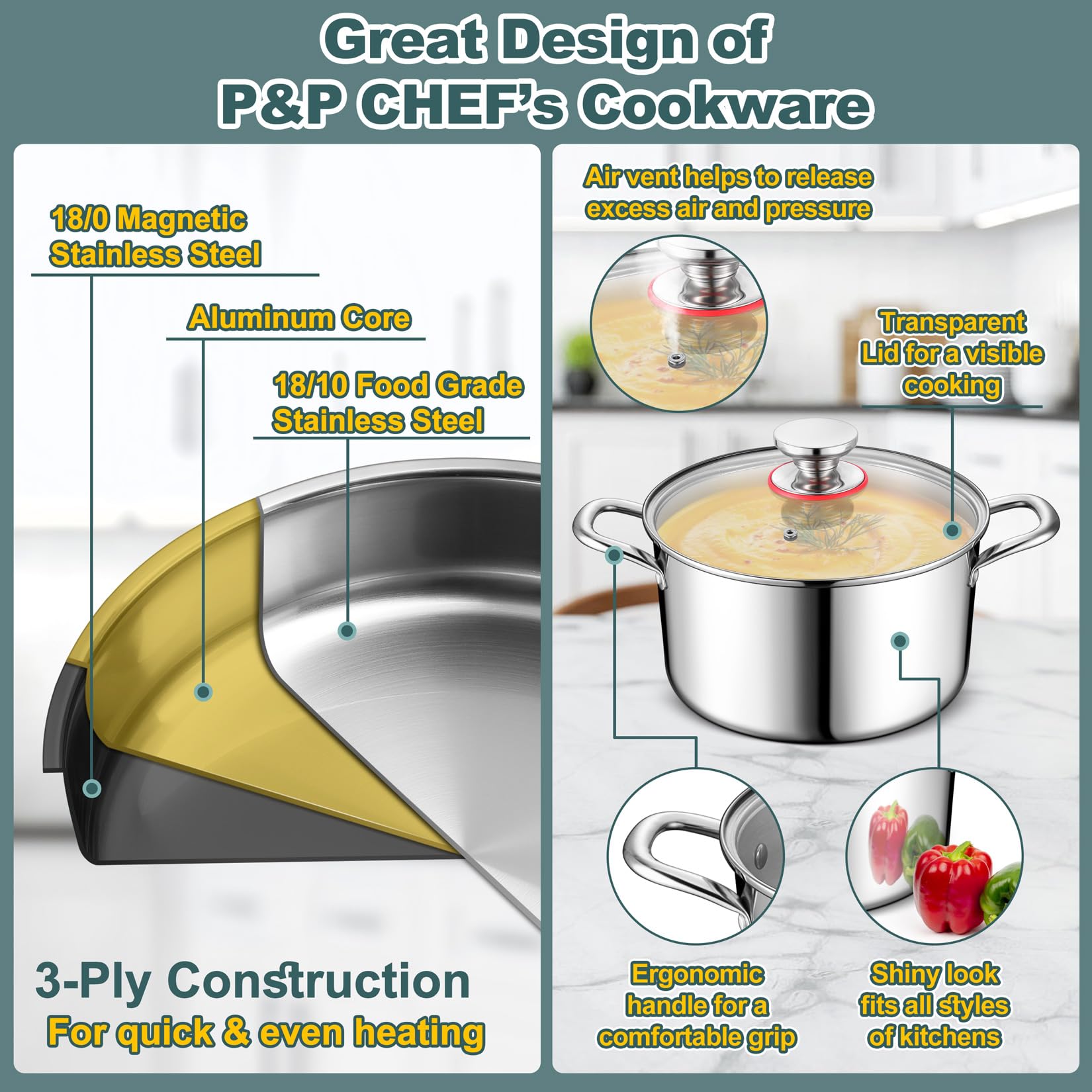 P&P CHEF olla 6qt con tapa, ideal para cocinar porciones grandes.