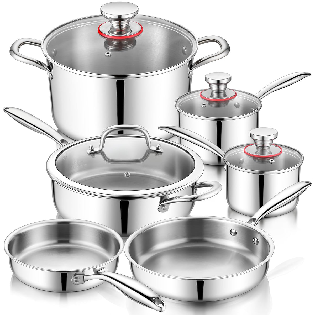 P&P CHEF set de cocina 3-ply, visión general para hervir y saltear con rendimiento uniforme.