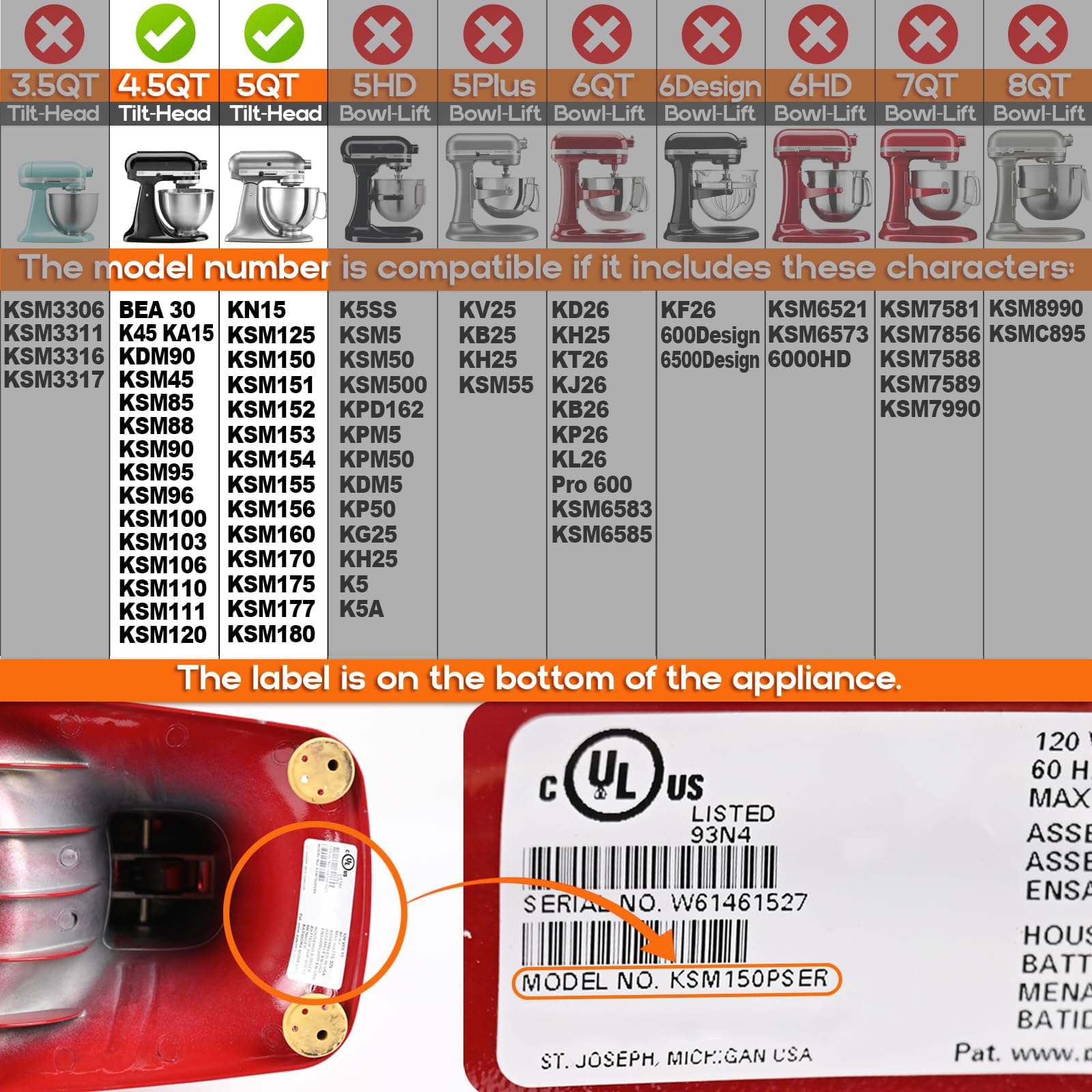 PQPO compatible con KitchenAid 4.5-5 cuartos para tazones con cabezal inclinado.
