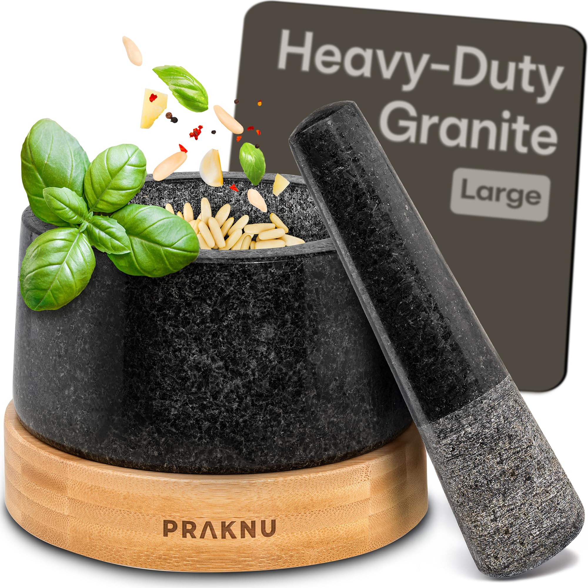 Praknu mortero-pilon granitos grande para triturar especias con textura tradicional.