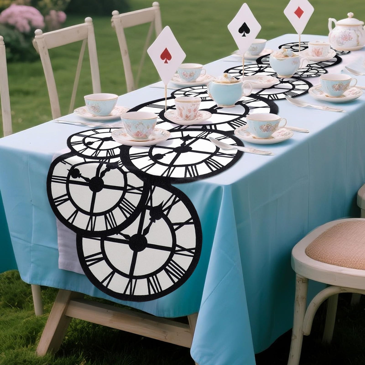 Mantel Preboun reloj blanco y negro, vista general para fiestas y cenas elegantes.