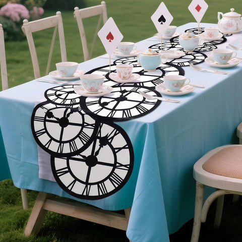 Mantel Preboun reloj blanco y negro, vista general para fiestas y cenas elegantes.