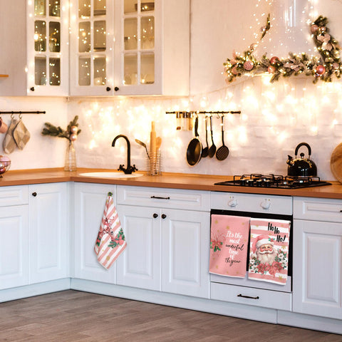 Toallas Preboun estilo farmhouse rosa, combinan elegancia y función en la cocina