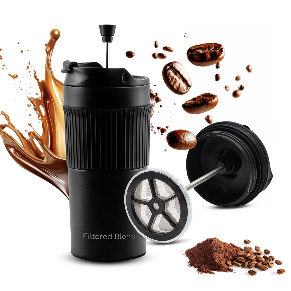 Prensa Francesa 15oz aislada en acero inoxidable negra mantiene la temperatura.
