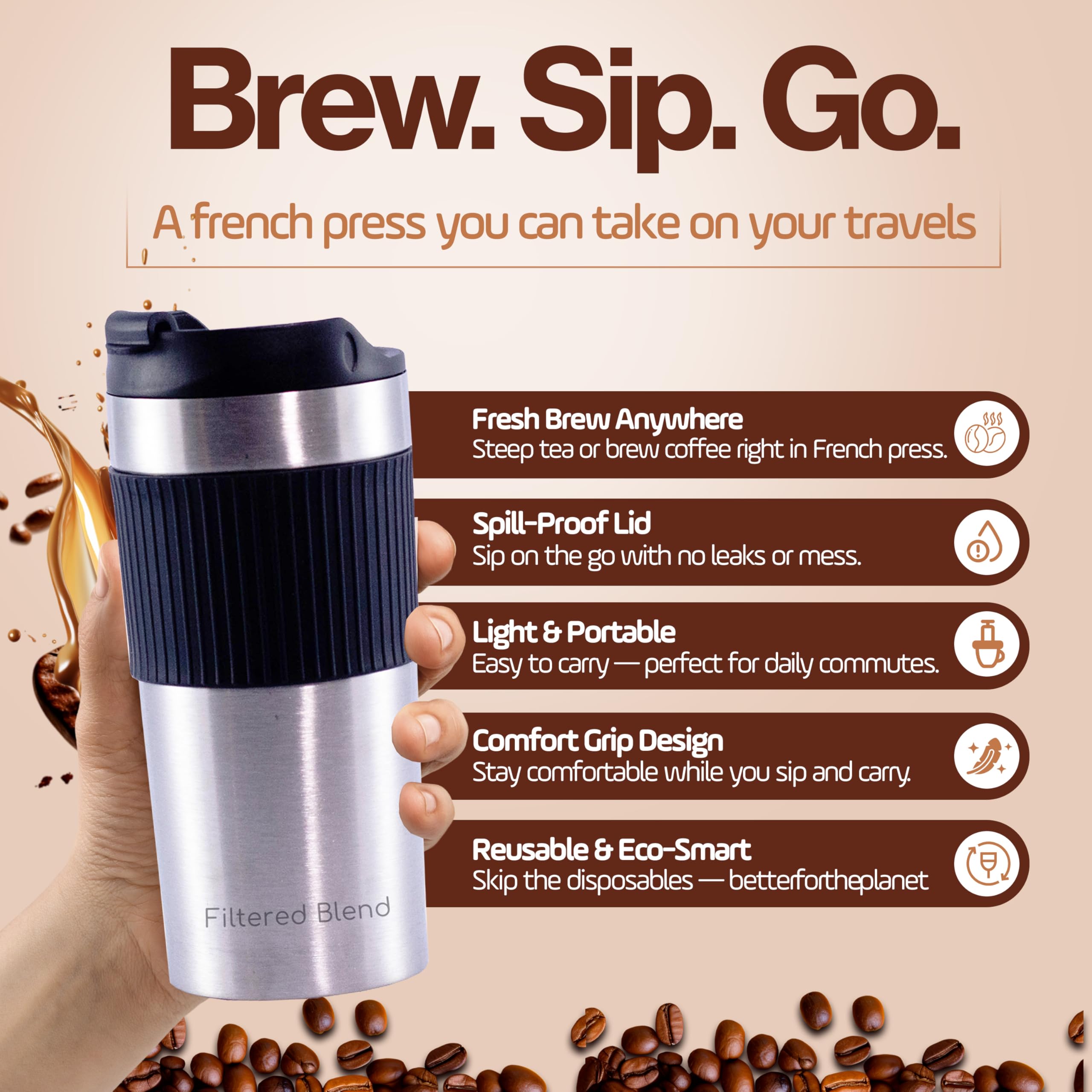 Prensa Francesa 15oz portátil y ligera para llevar en mochila.
