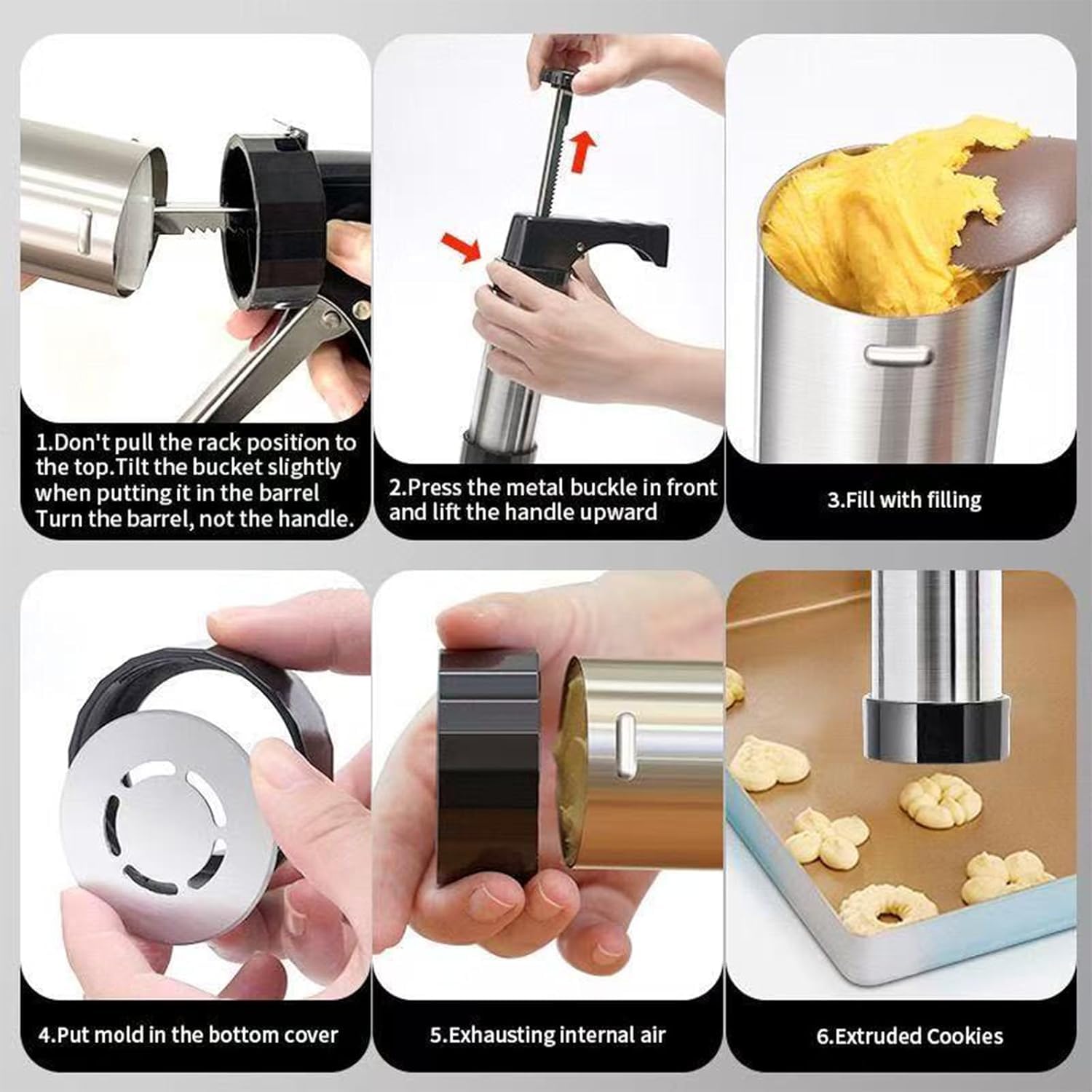 Prensa de galletas de acero inoxidable con cortadores para repostería creativa