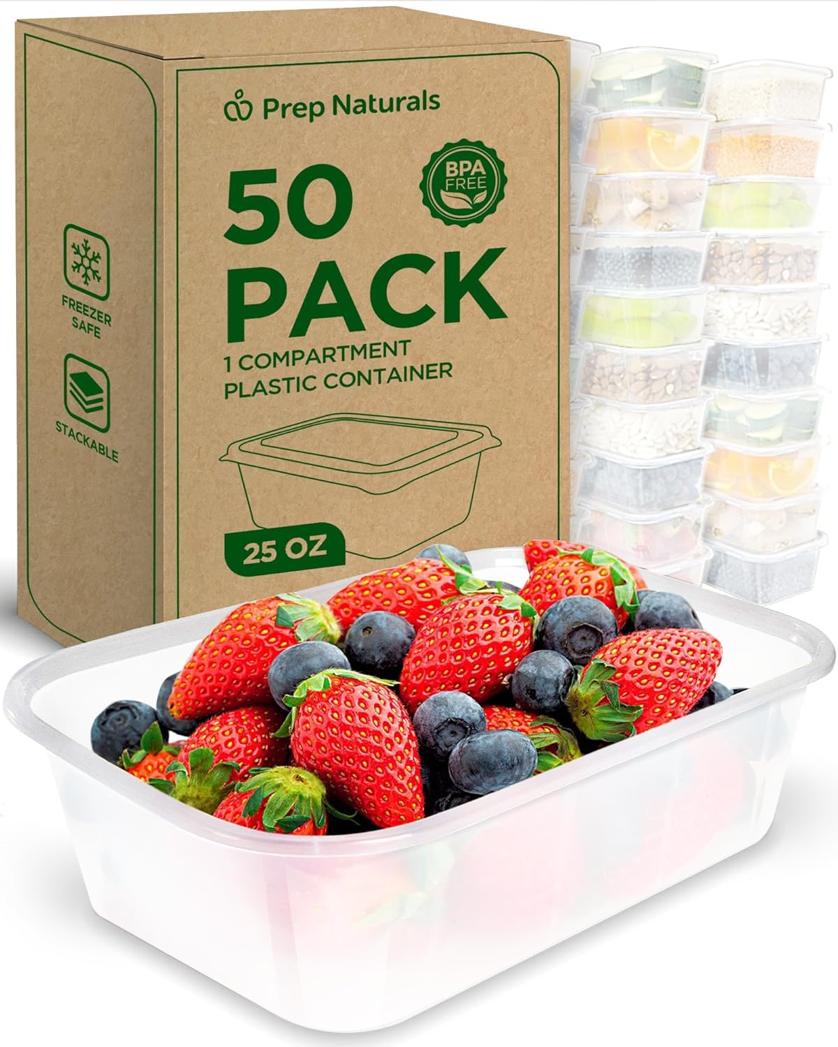 Prep Naturals 50 recipientes claros para porciones organizadas y reutilizables.