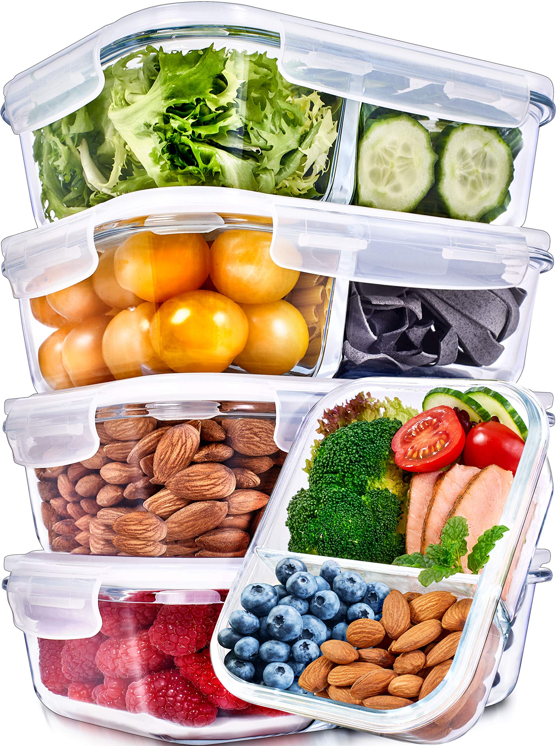 Prep Naturals contenedores de vidrio 36oz con dos compartimentos para porciones controladas.