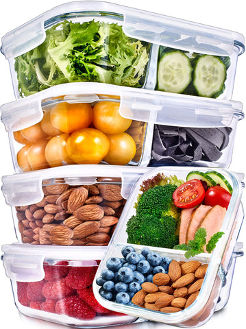 Prep Naturals contenedores de vidrio 36oz con dos compartimentos para porciones controladas.
