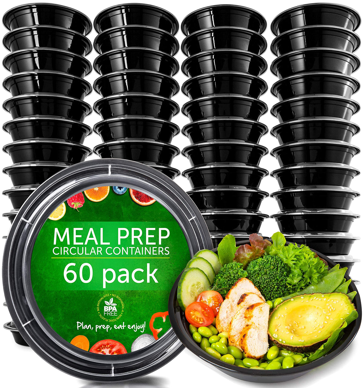 PrepNaturals contenedores reutilizables con tapas negros para comidas y organización semanal.