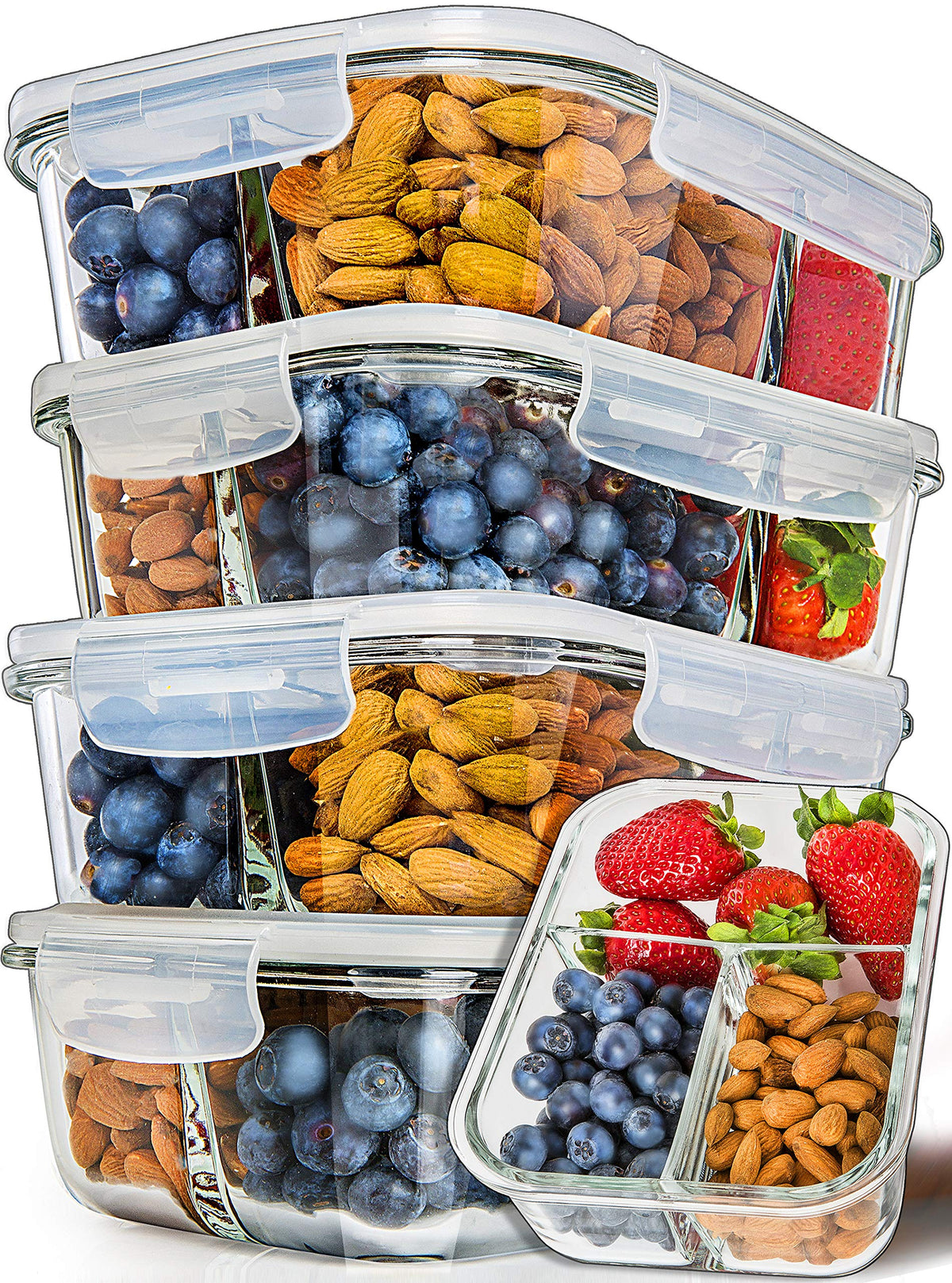 PrepNaturals contenedores vidrio 34oz multicontenedores para comidas, ideal para planificar almuerzos.