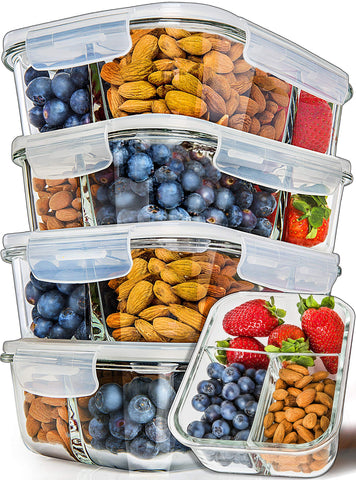 PrepNaturals contenedores vidrio 34oz multicontenedores para comidas, ideal para planificar almuerzos.